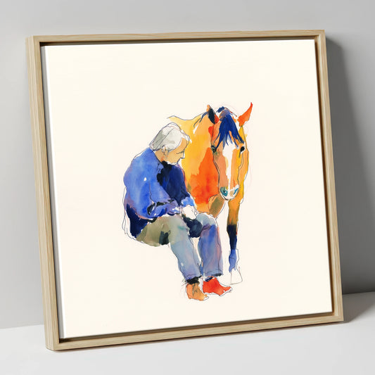Shared Silence horse & rider canvas wall art in natural frame