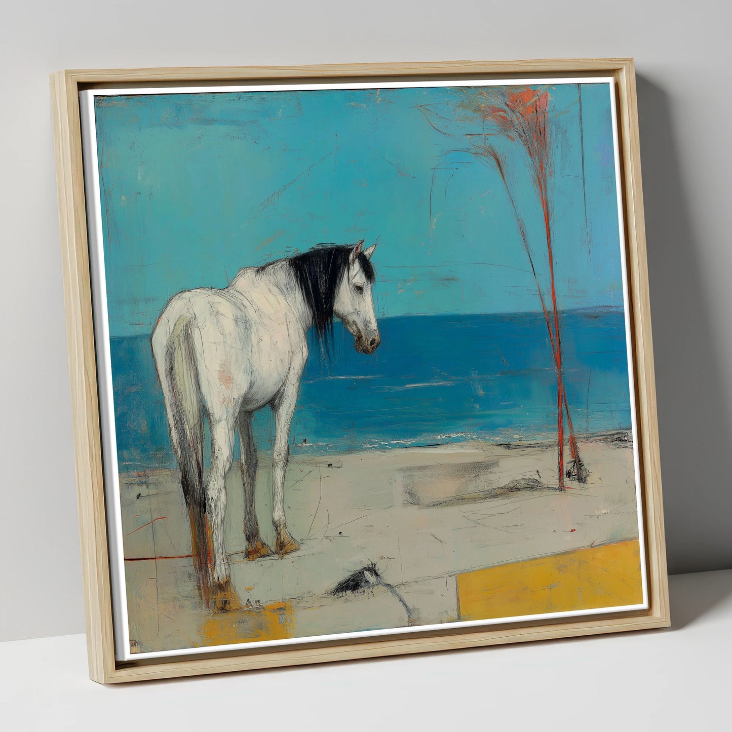 Coastal Solitude horse landscape canvas wall art in natural frame