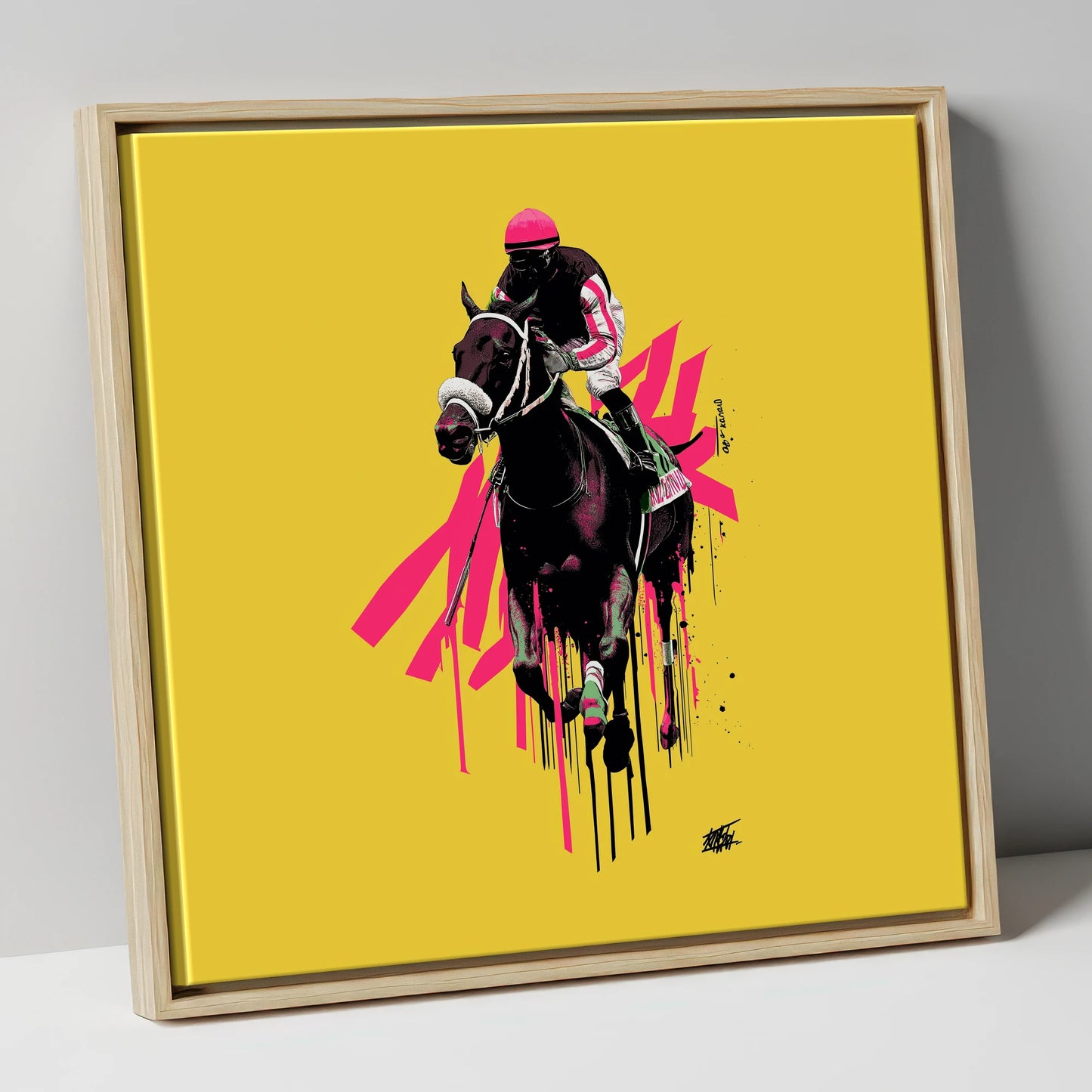 Neon Gallop racing horse canvas wall art in natural frame