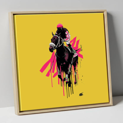 Neon Gallop racing horse canvas wall art in natural frame