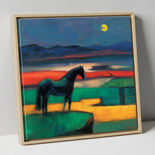 Midnight Solitude horse landscape canvas wall art in natural frame