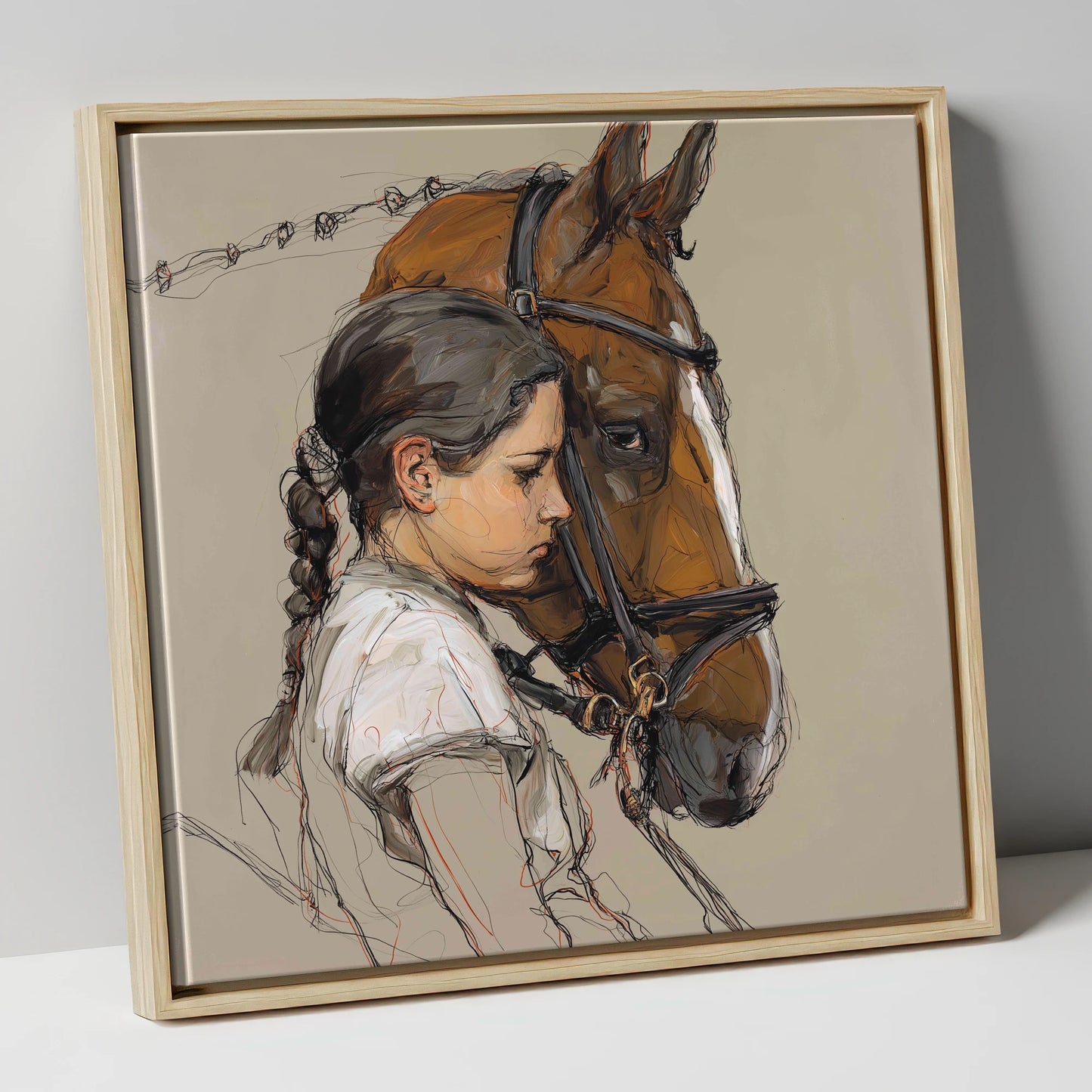 The Quiet Bond horse & rider canvas wall art in natural frame