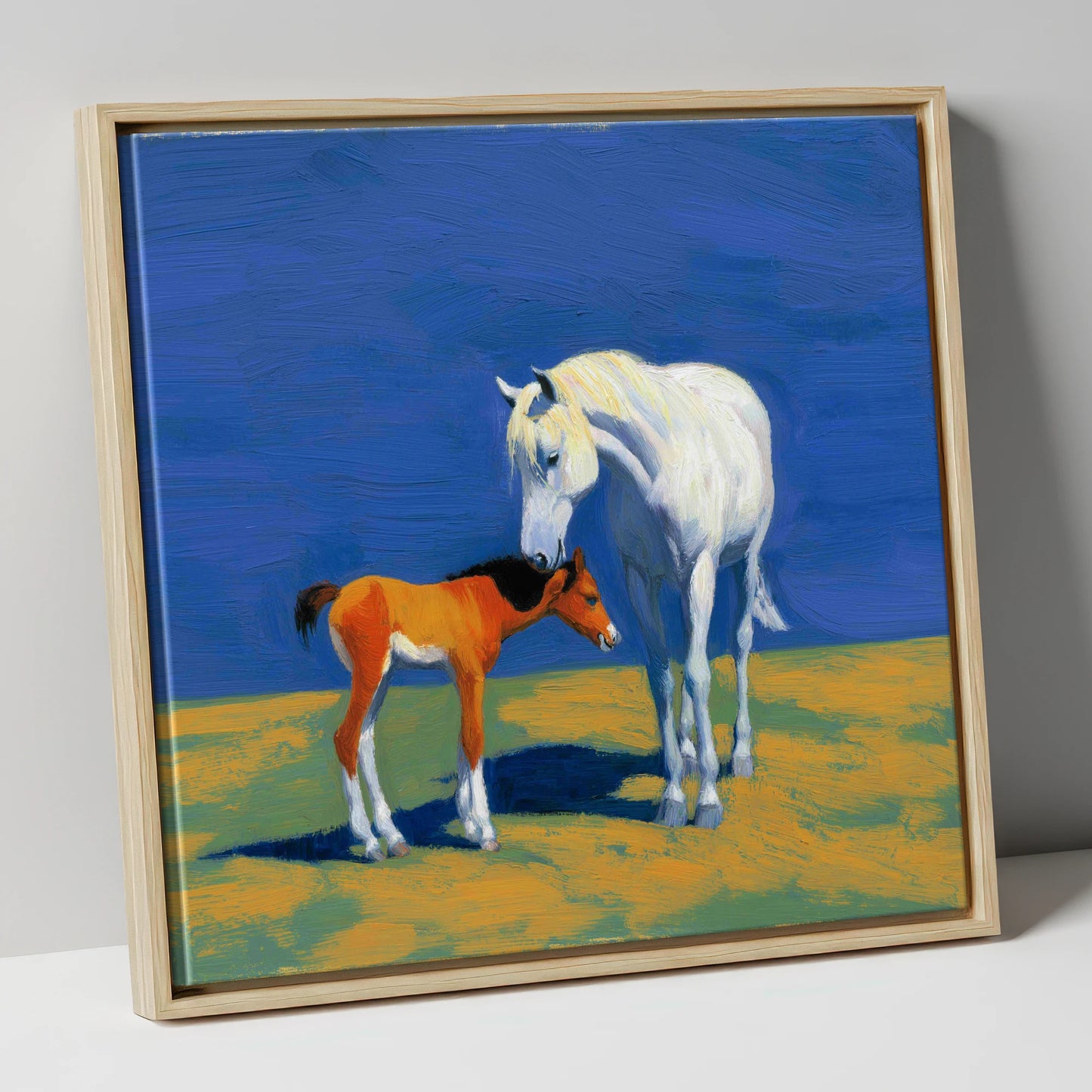 Sunlit Bond mare & foal canvas wall art in natural frame