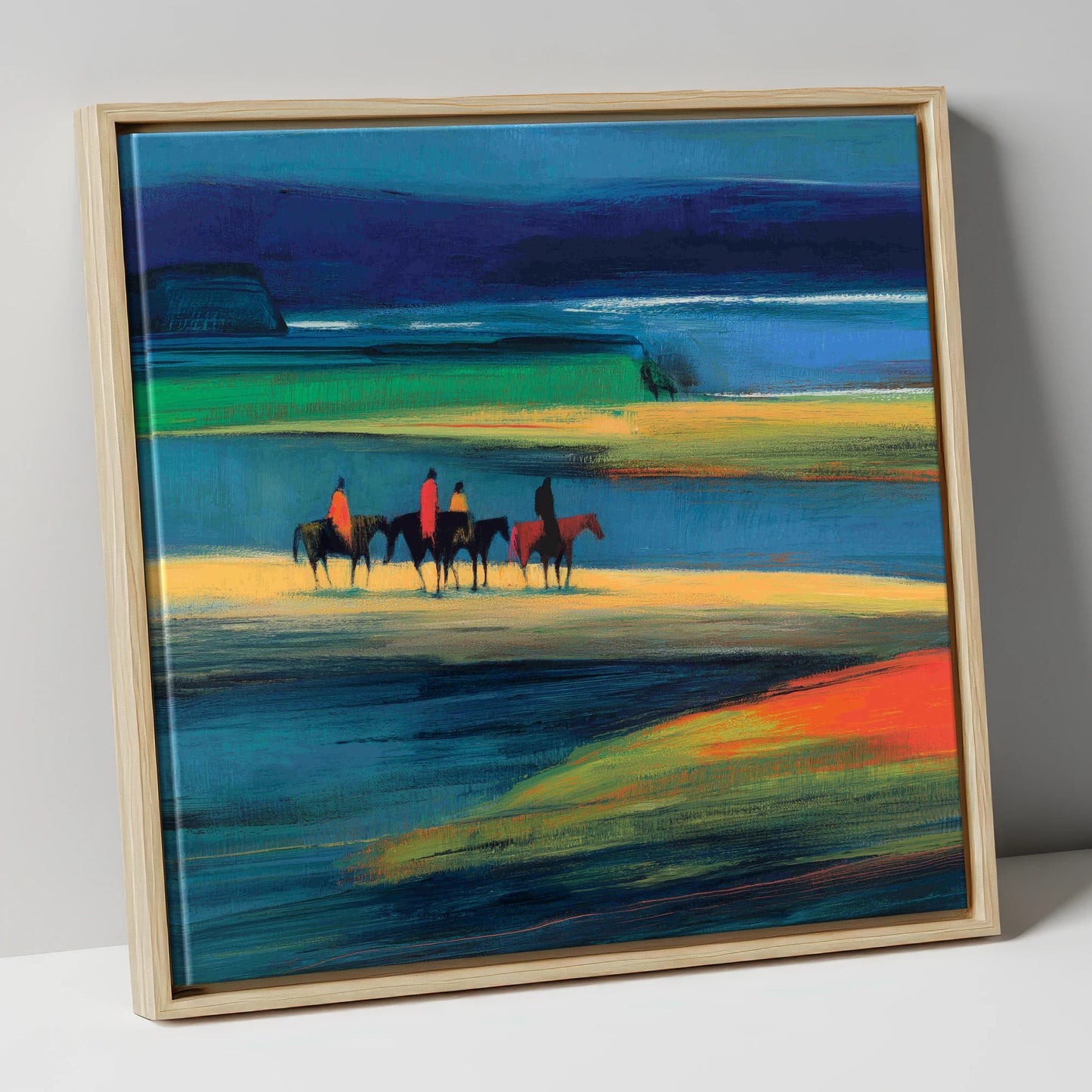 Riders on the Painted Tide horse landscape canvas wall art in natural frame