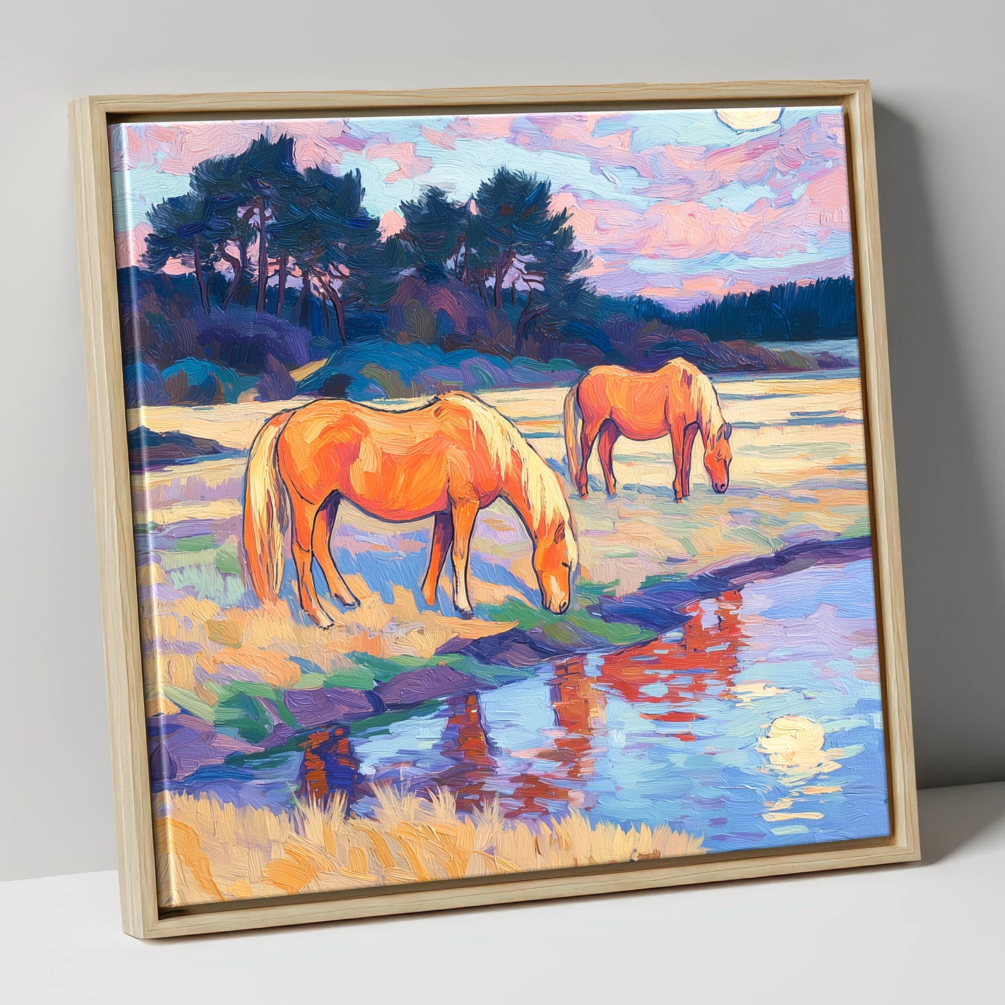 Evening Pasture Reflections horse landscape canvas wall art in natural frame