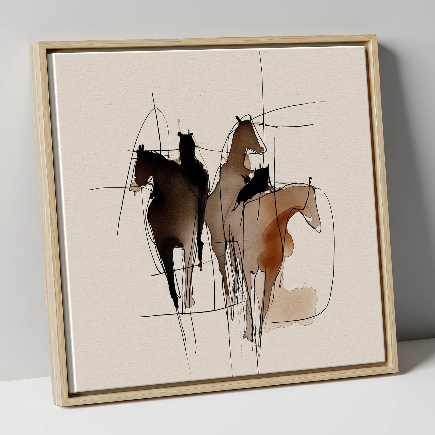 Dynamic Equine Trio horse portrait canvas wall art in natural frame