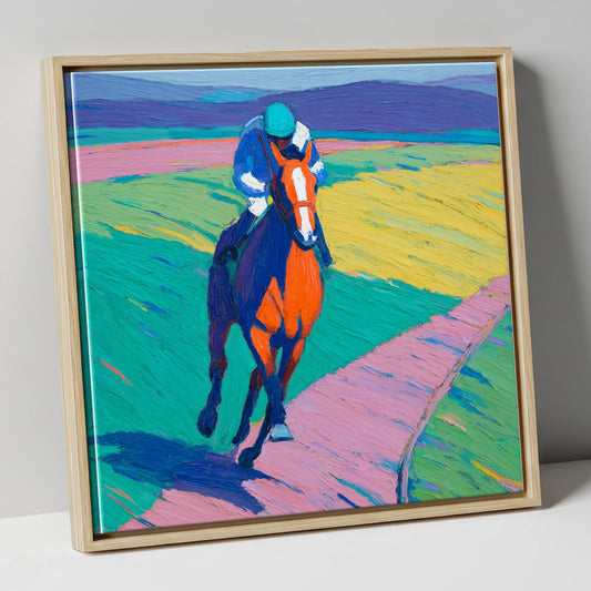 The Vivid Gallop racing horse canvas wall art in natural frame
