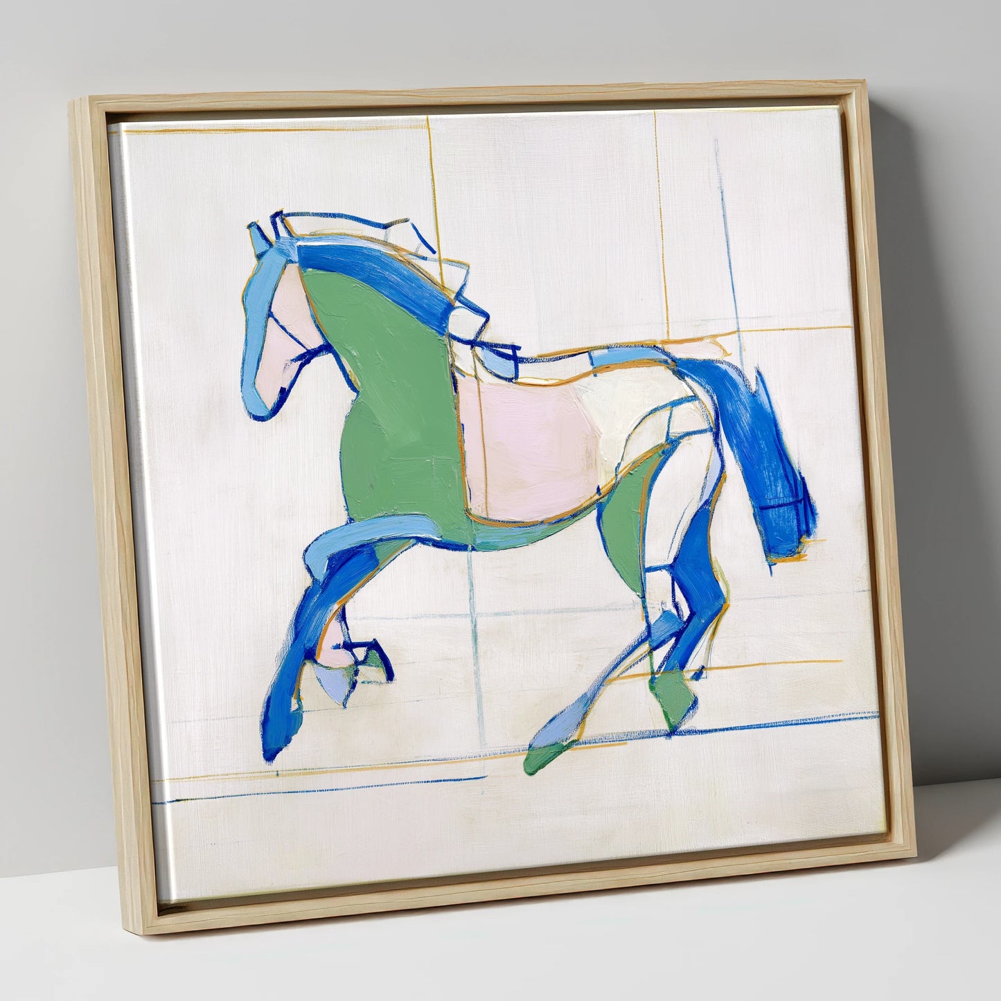 Azure and Emerald Canter horse portrait canvas wall art in natural frame