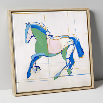 Azure and Emerald Canter horse portrait canvas wall art in natural frame