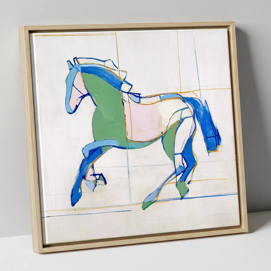 Azure and Emerald Canter horse portrait canvas wall art in natural frame