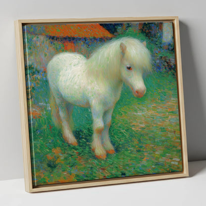 Sunlit White Pony horse breed canvas wall art in natural frame