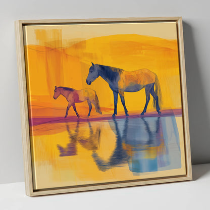Golden Reflections horse landscape canvas wall art in natural frame