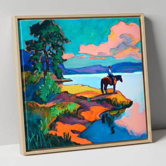 The Violet Shoreline beach horse canvas wall art in natural frame