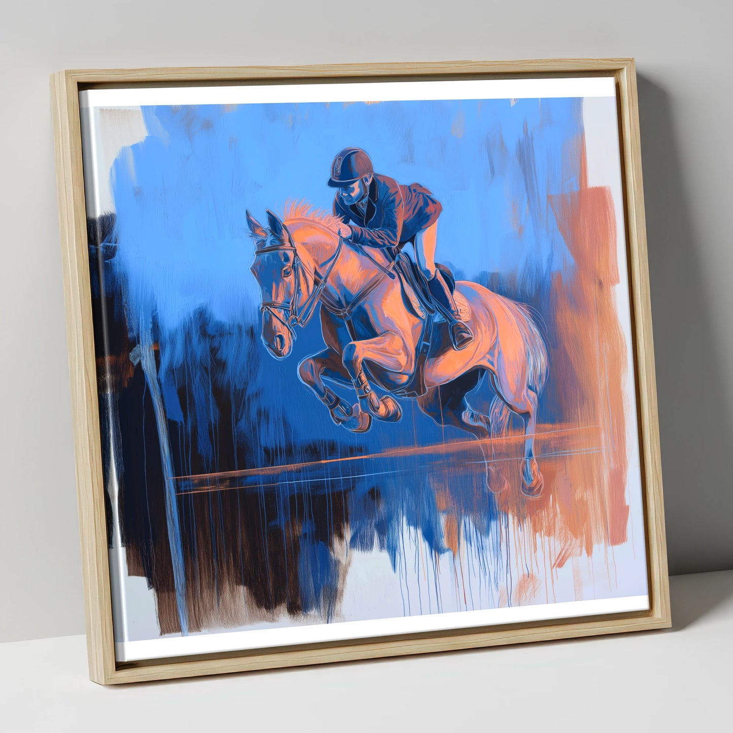 Suspended Over Cobalt show jumping horse canvas wall art in natural frame