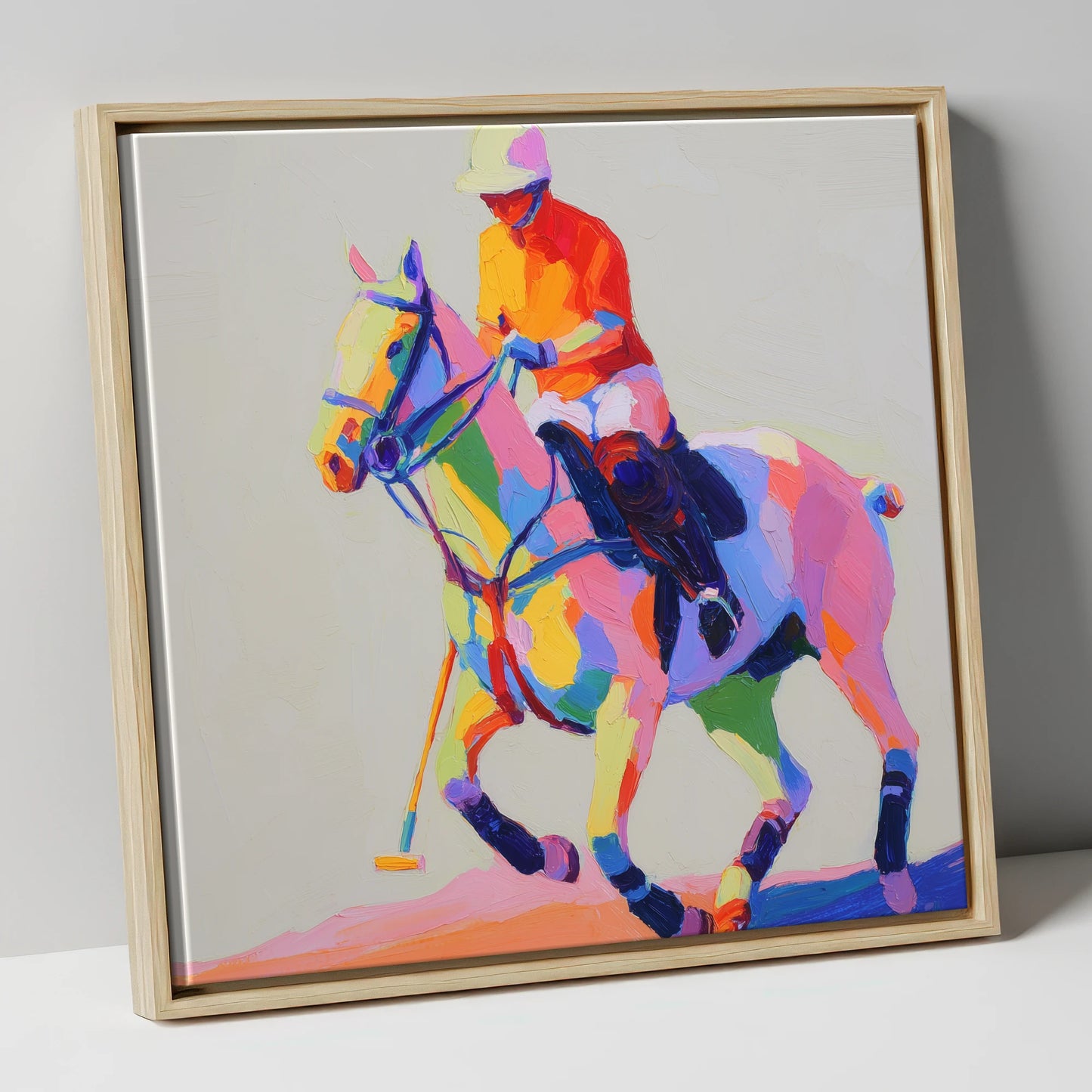 Vibrant Polo Pace polo horse canvas wall art in natural frame