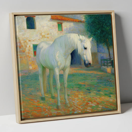 Sunlit Courtyard Grey horse breed canvas wall art in natural frame