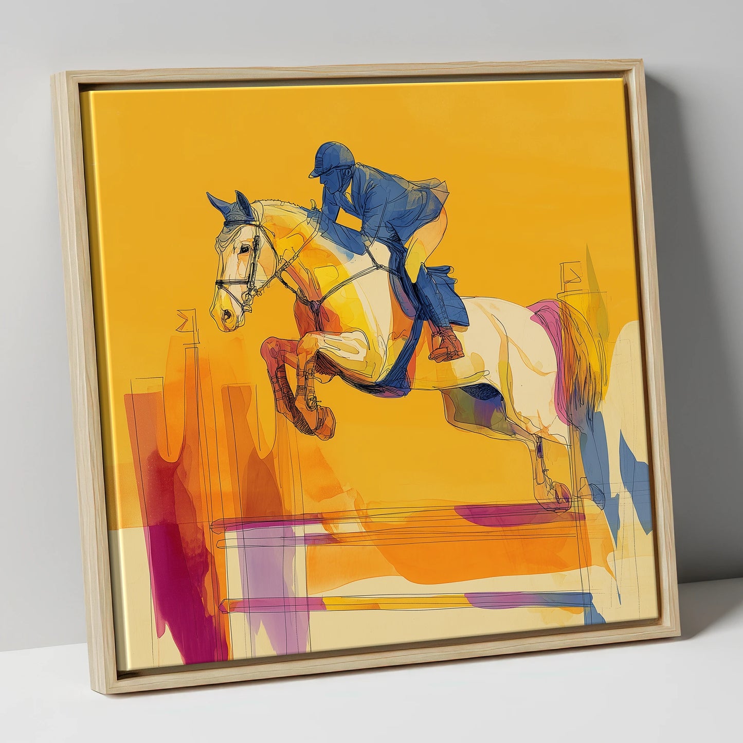 Flight In Gold show jumping horse canvas wall art in natural frame