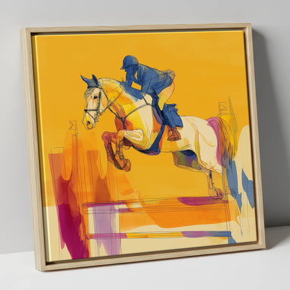 Flight In Gold show jumping horse canvas wall art in natural frame