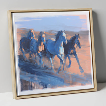 Cobalt Horizon Herd wild horses canvas wall art in natural frame
