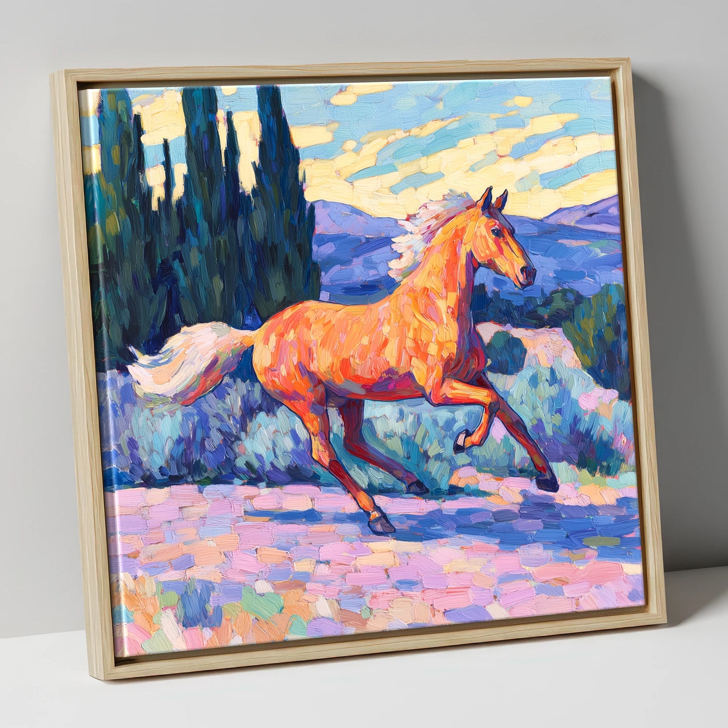 Vibrant Golden Canter horse breed canvas wall art in natural frame