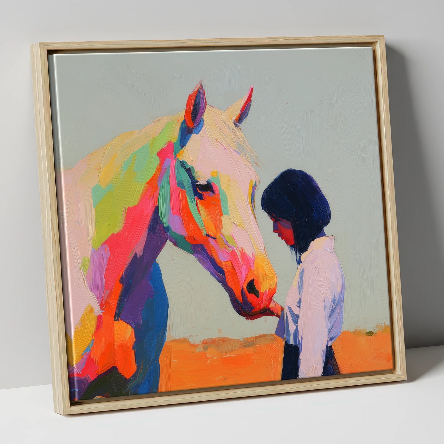 Vivid Connection horse & rider canvas wall art in natural frame