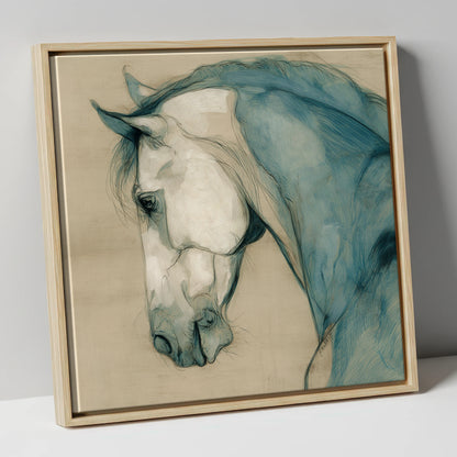 Teal Equine Study horse portrait canvas wall art in natural frame
