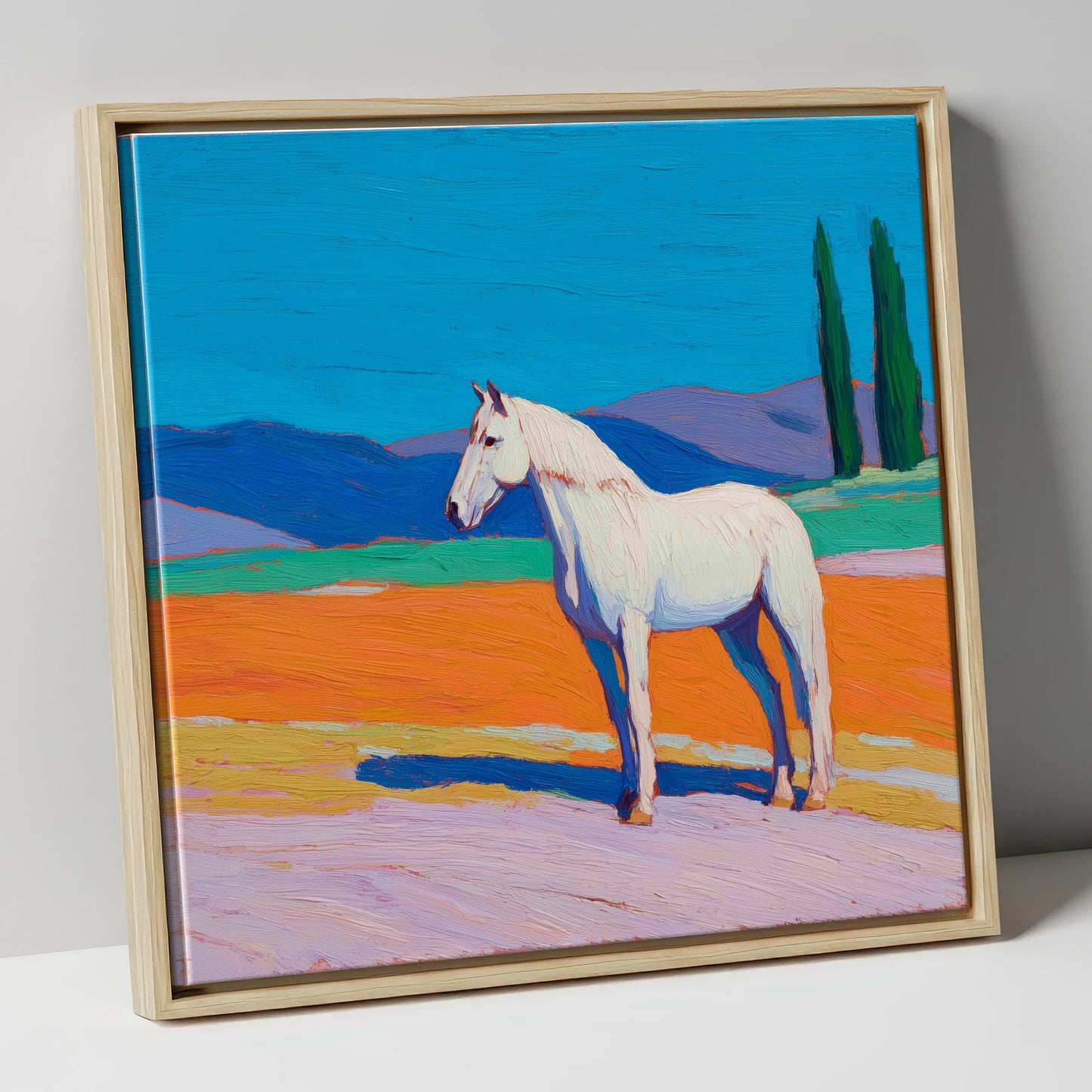 Radiant White Equine horse breed canvas wall art in natural frame