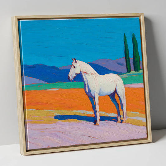Radiant White Equine horse breed canvas wall art in natural frame