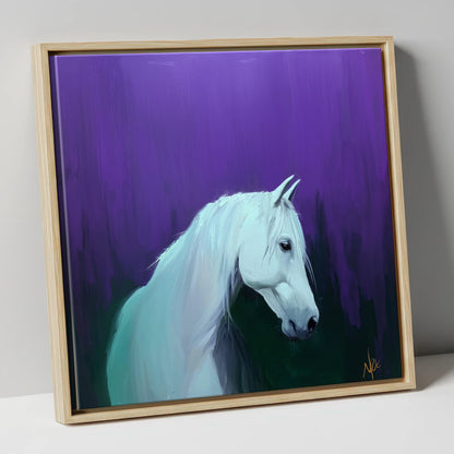 Ethereal Grey in Violet horse breed canvas wall art in natural frame