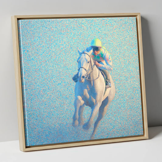 Luminous Gallop racing horse canvas wall art in natural frame