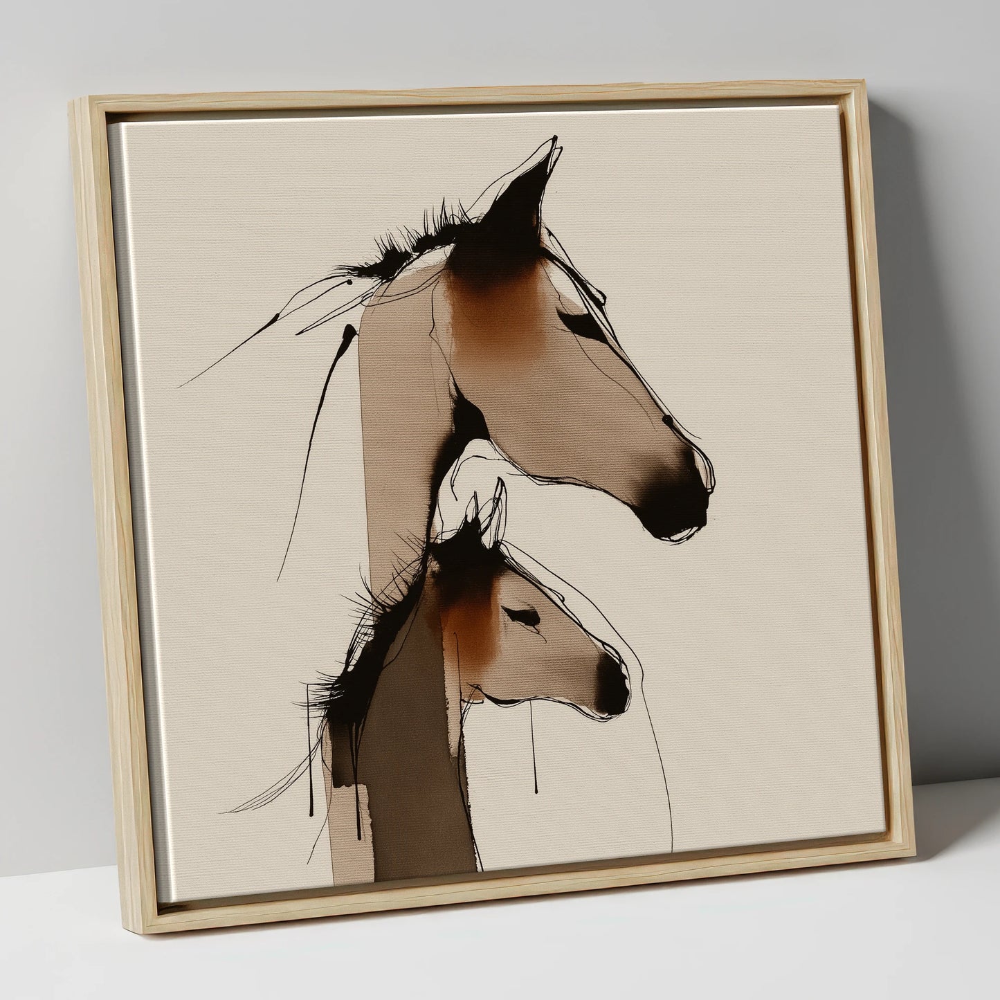 Tender Sepia Bond mare & foal canvas wall art in natural frame