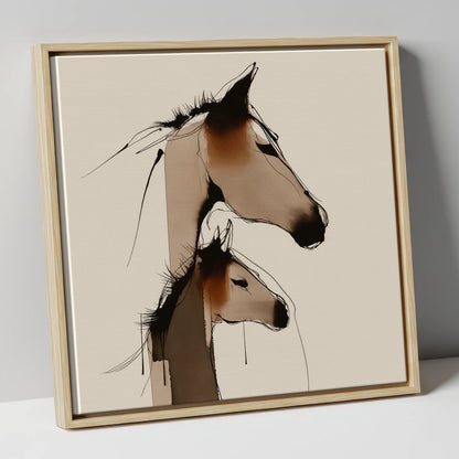 Tender Sepia Bond mare & foal canvas wall art in natural frame
