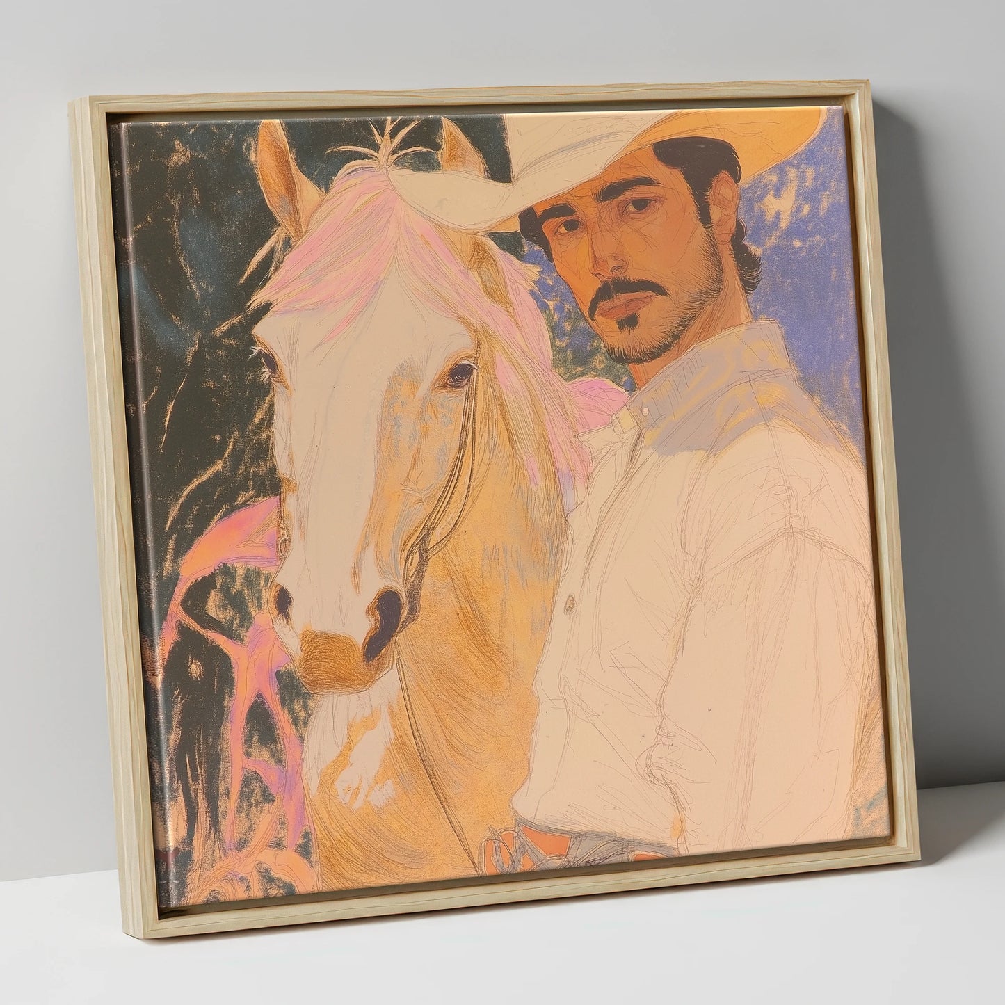 Painted Western Bond western horse canvas wall art in natural frame