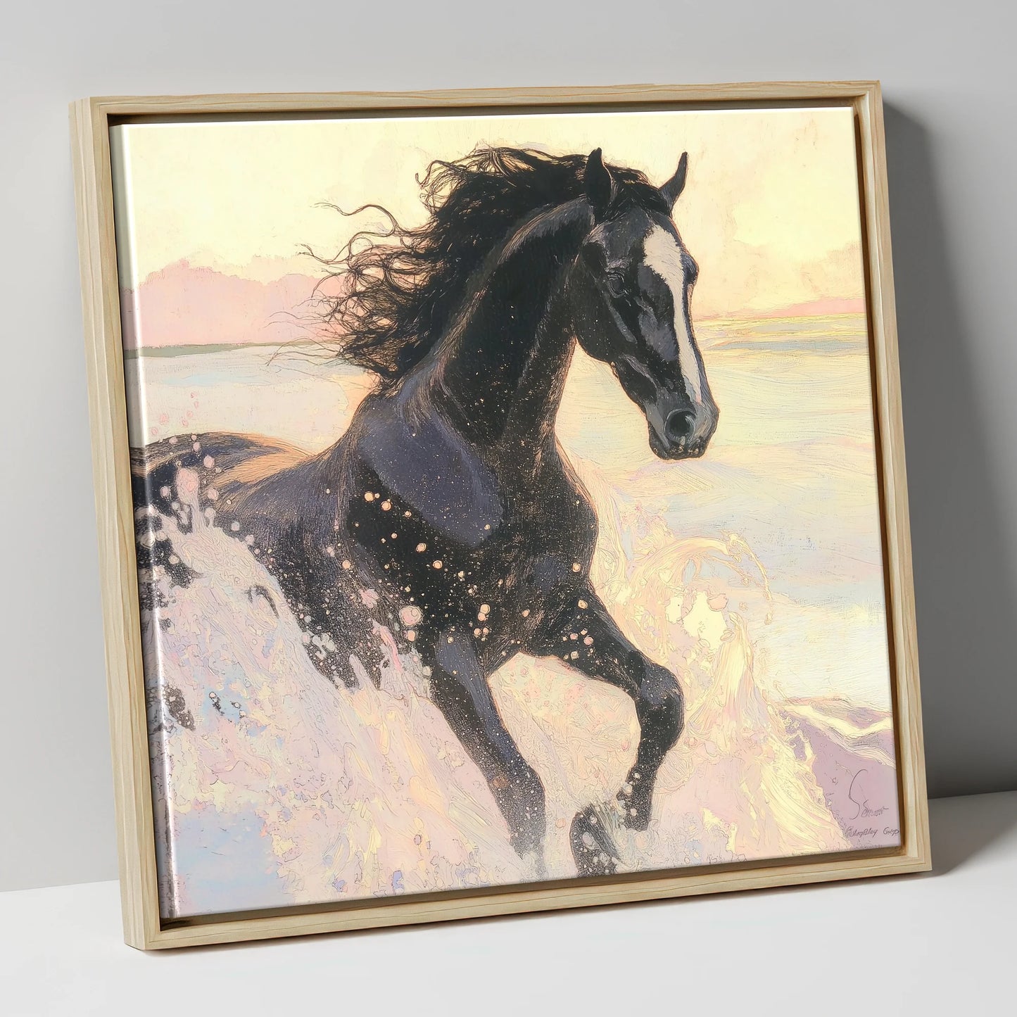 Ethereal Tide wild horses canvas wall art in natural frame