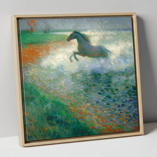 Luminous Surf Canter beach horse canvas wall art in natural frame