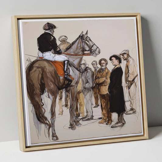 The Paddock Assembly racing horse canvas wall art in natural frame