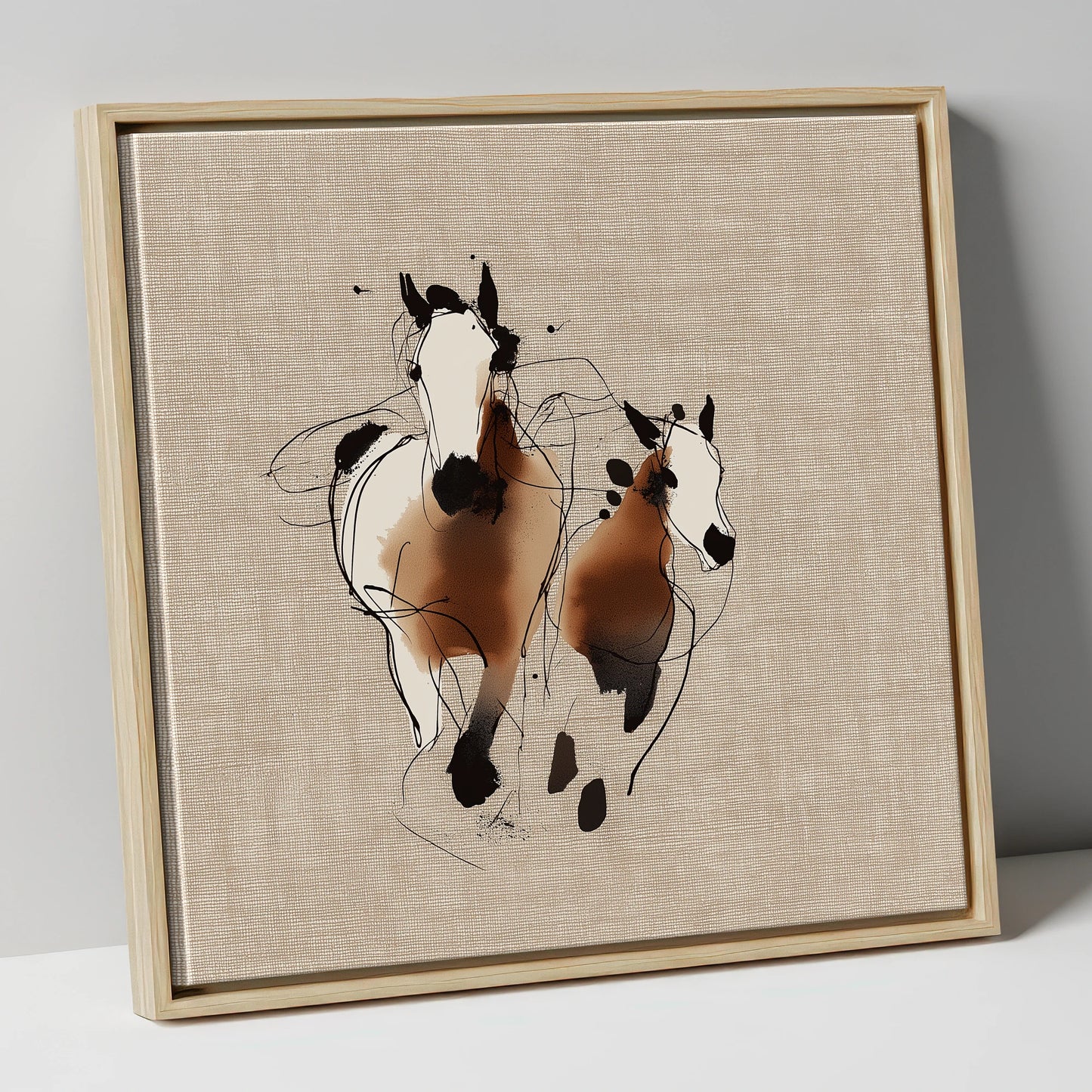 Bond In Motion mare & foal canvas wall art in natural frame