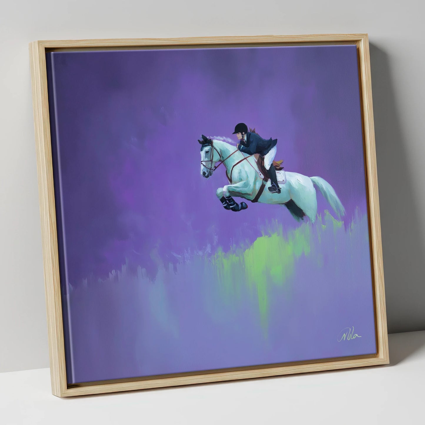 Violet Suspension show jumping horse canvas wall art in natural frame