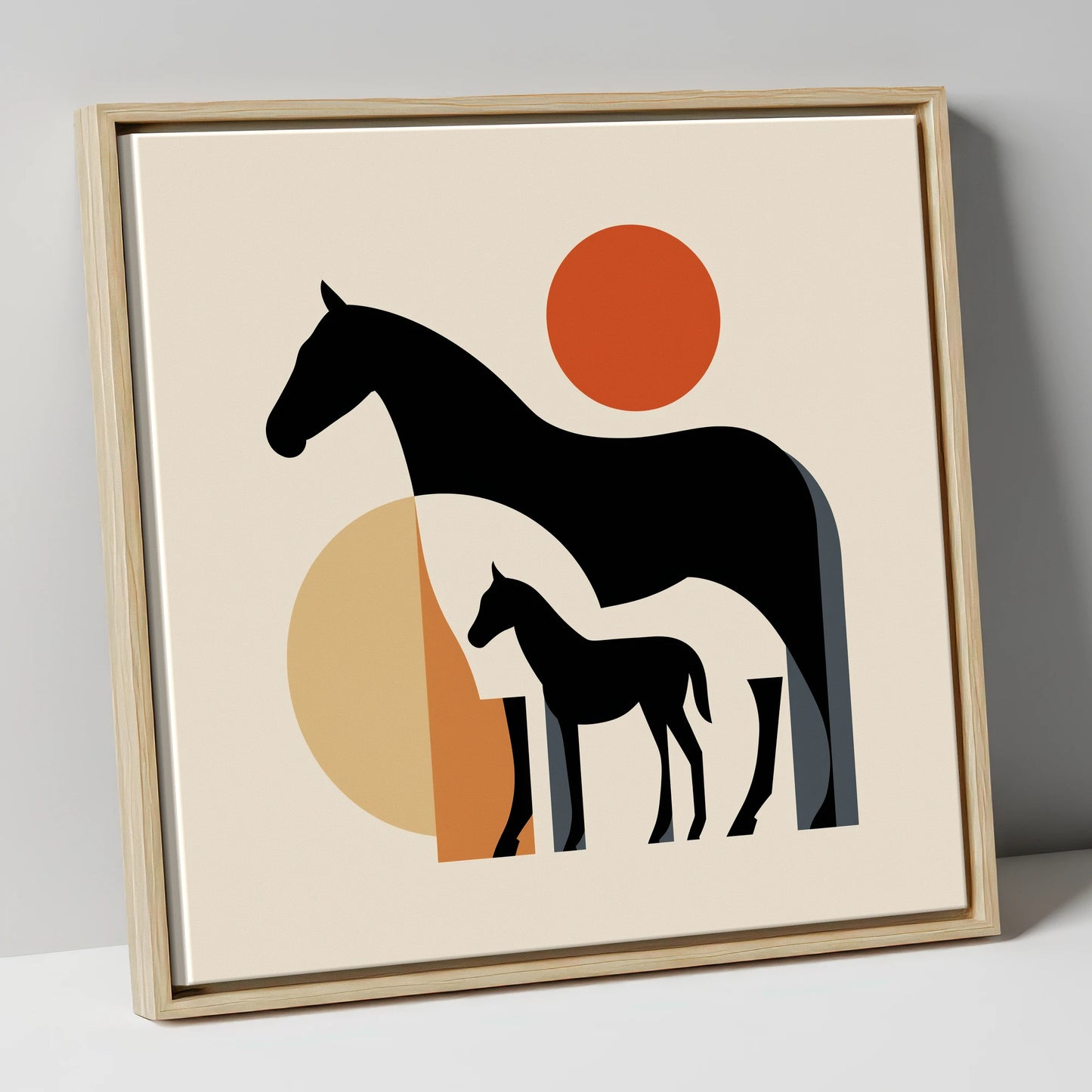 Mid-Century Mare and Foal mare & foal canvas wall art in natural frame