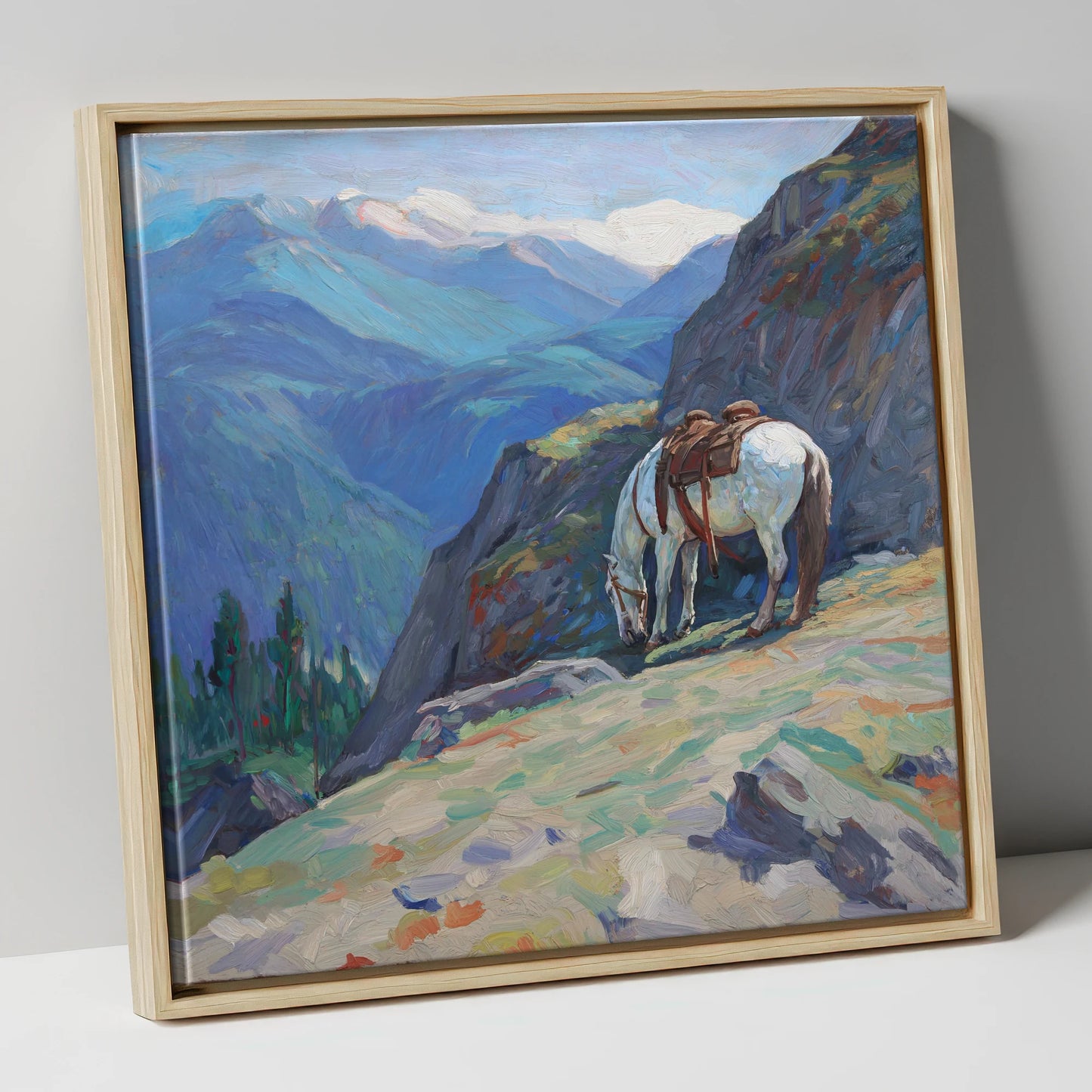 Alpine Trail Halt horse landscape canvas wall art in natural frame