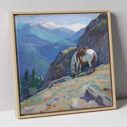 Alpine Trail Halt horse landscape canvas wall art in natural frame