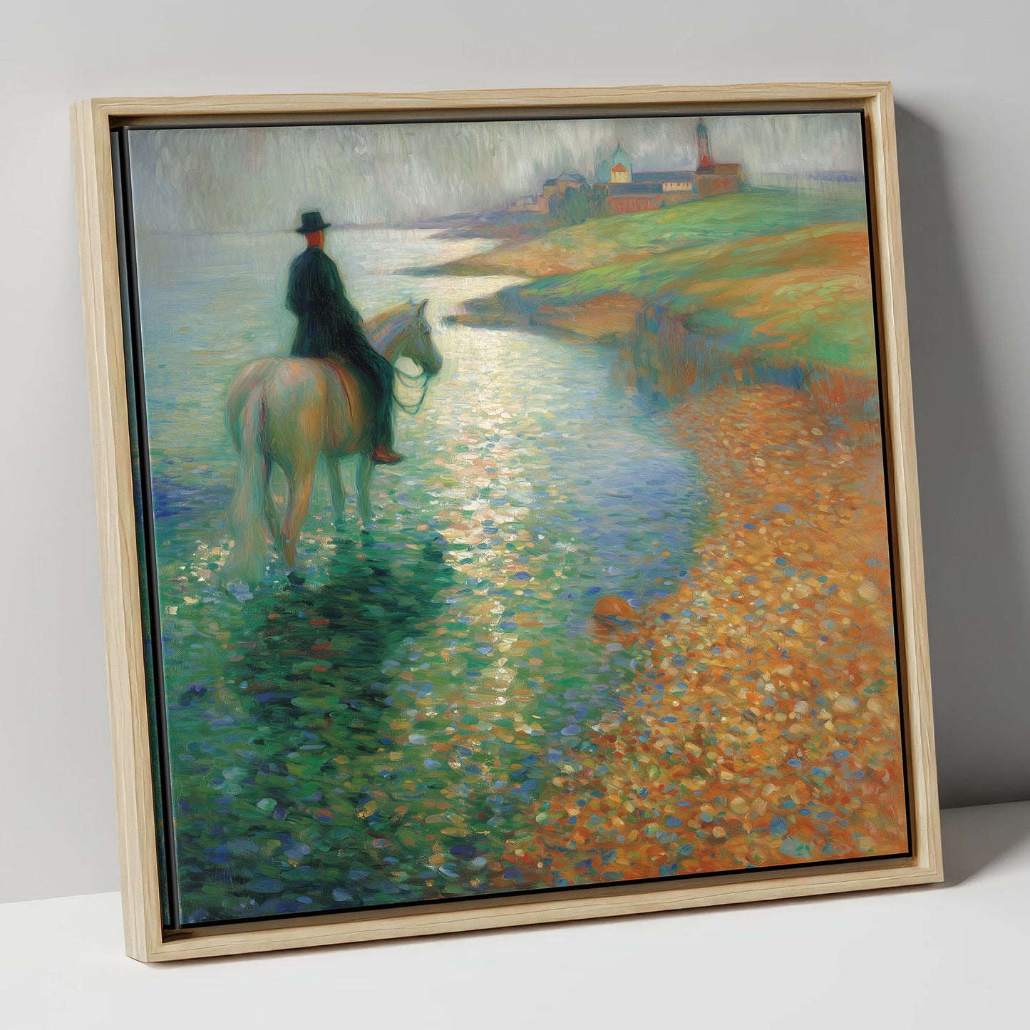 The Shimmering Shore beach horse canvas wall art in natural frame