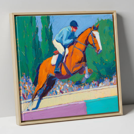 Bold Clear Round show jumping horse canvas wall art in natural frame