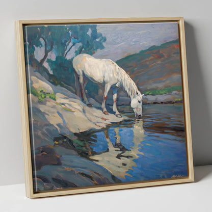 Tranquil Waters Edge horse landscape canvas wall art in natural frame