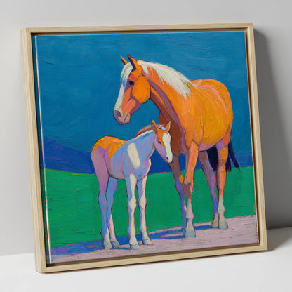 Vivid Summer Bond mare & foal canvas wall art in natural frame
