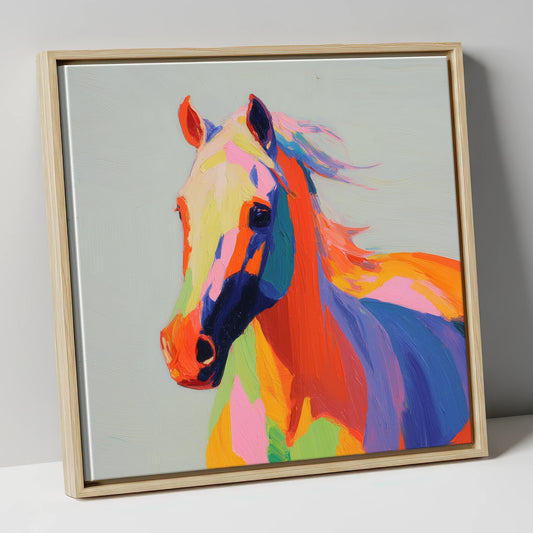 Vibrant Colourful Horse Portrait horse breed canvas wall art in natural frame