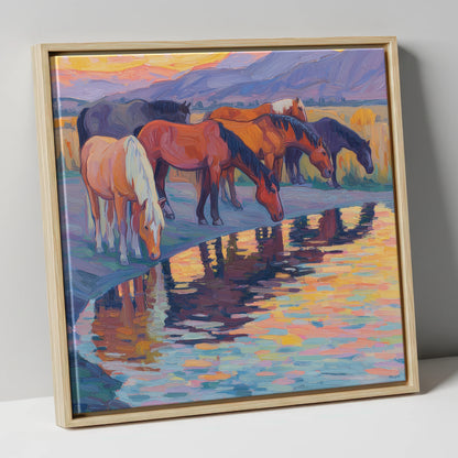 Reflections at Dusk wild horses canvas wall art in natural frame