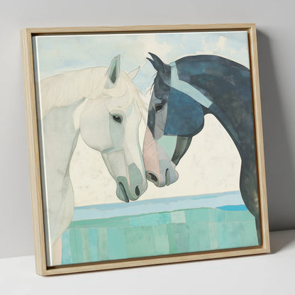 The Gentle Greeting horse portrait canvas wall art in natural frame
