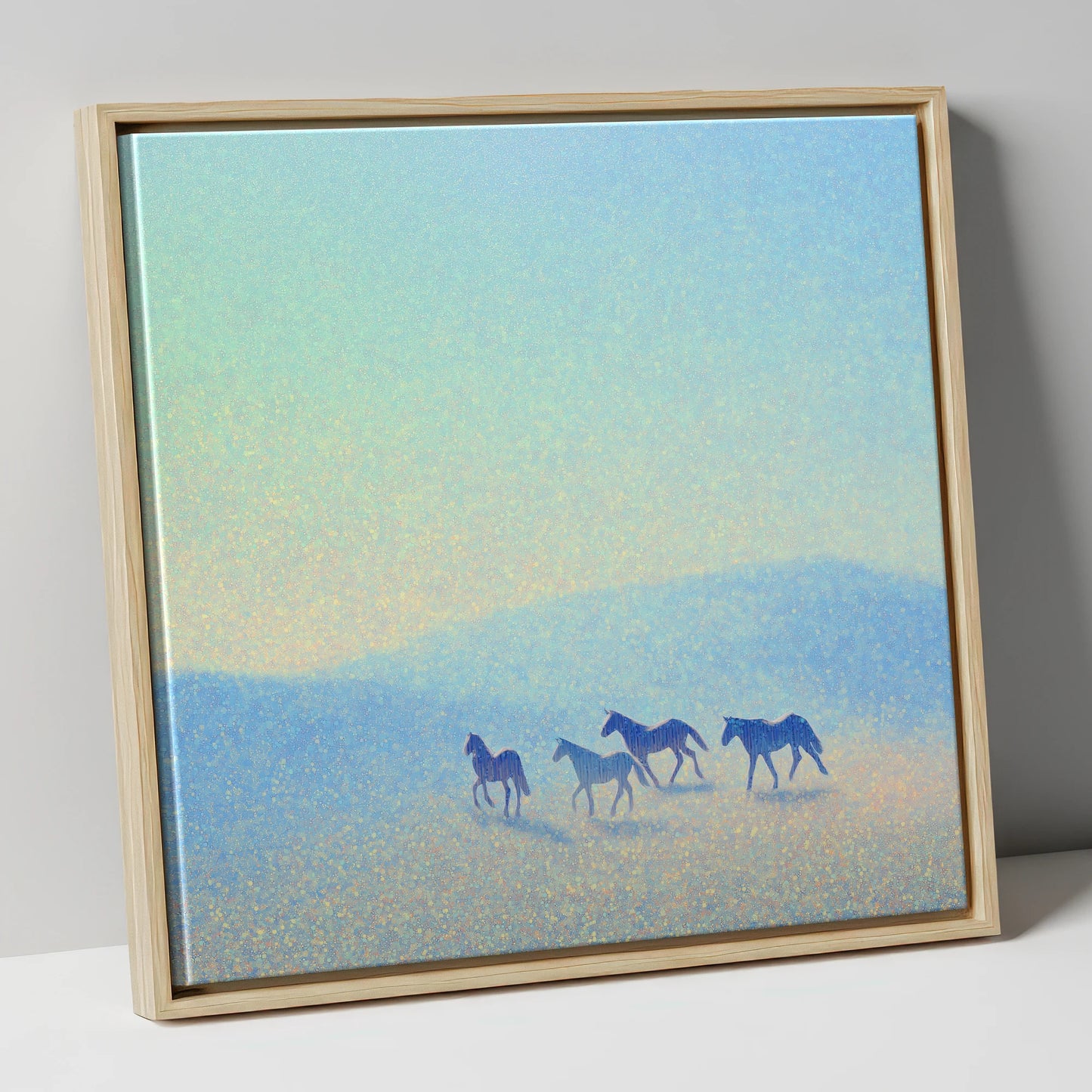 Ethereal Blue Herd wild horses canvas wall art in natural frame