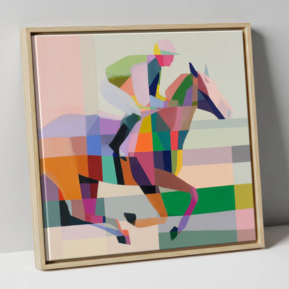 Prismatic Stride racing horse canvas wall art in natural frame